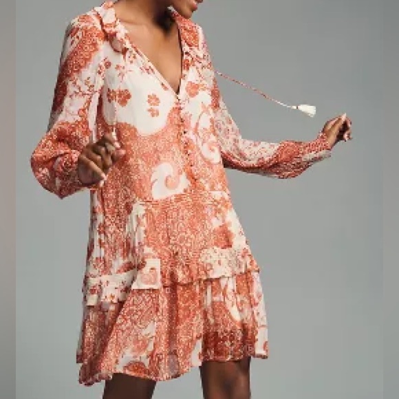Anthropologie Marais Printed Chiffon mini dress. Size MP . Cream/ mauve - Picture 1 of 3